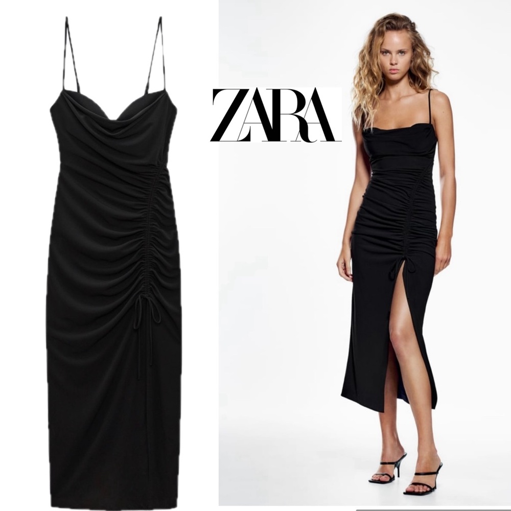Zara black ruched sweetheart neckline bodycon midi dress high drawstring slit M